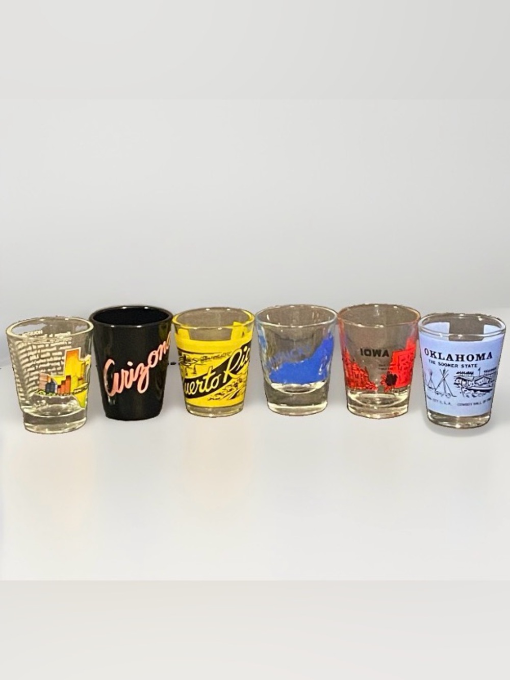 6 Vintage State & Travel Souvenir Shot Glasses - TX, AZ, KY, IA, OK, Puerto Rico